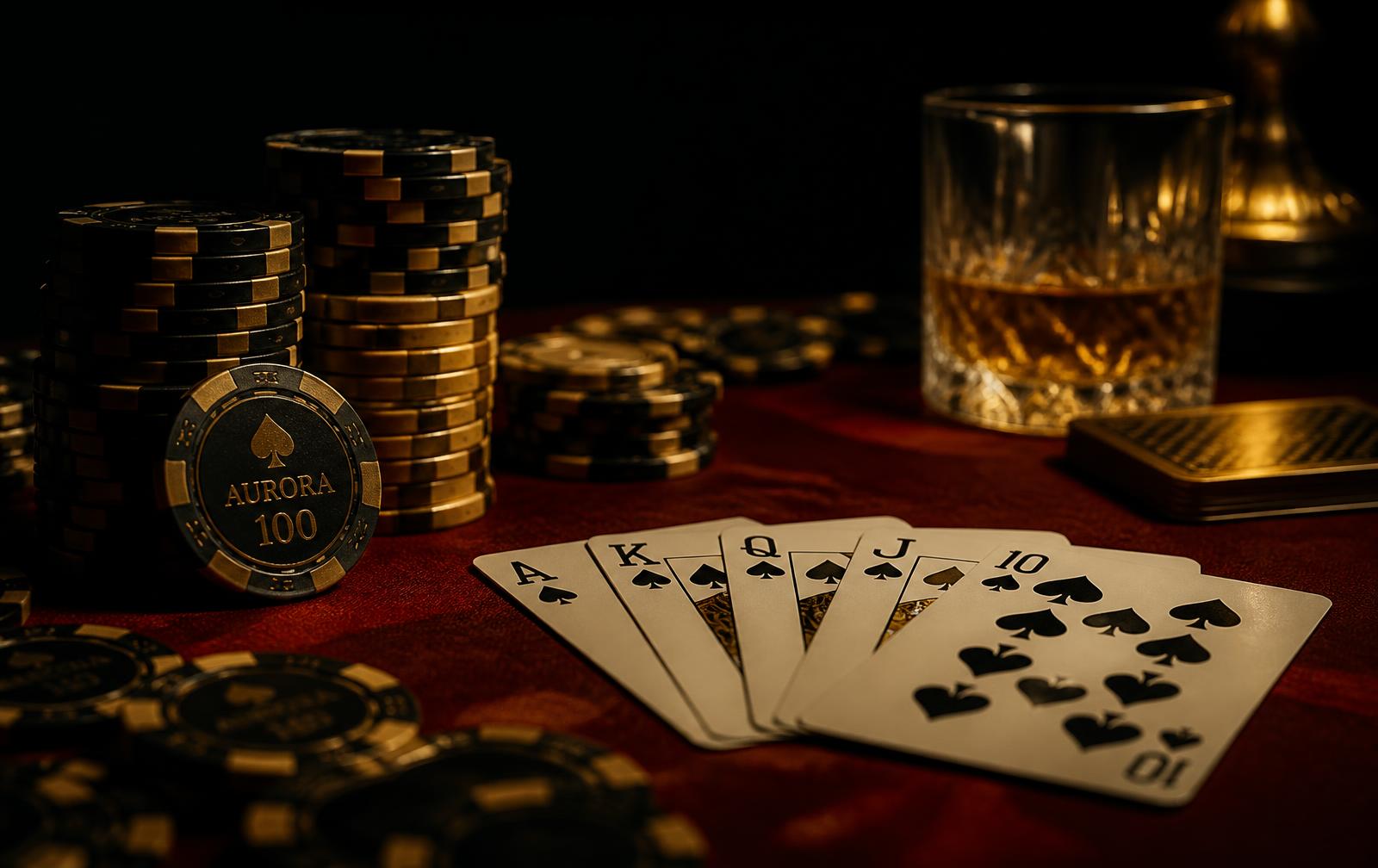 Poker chips and cards on the red felt at the 500 Club Casino